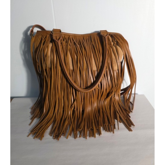 Brown Faux Leather Fringe Tote Bag Shoulder Purse - Picture 3 of 7